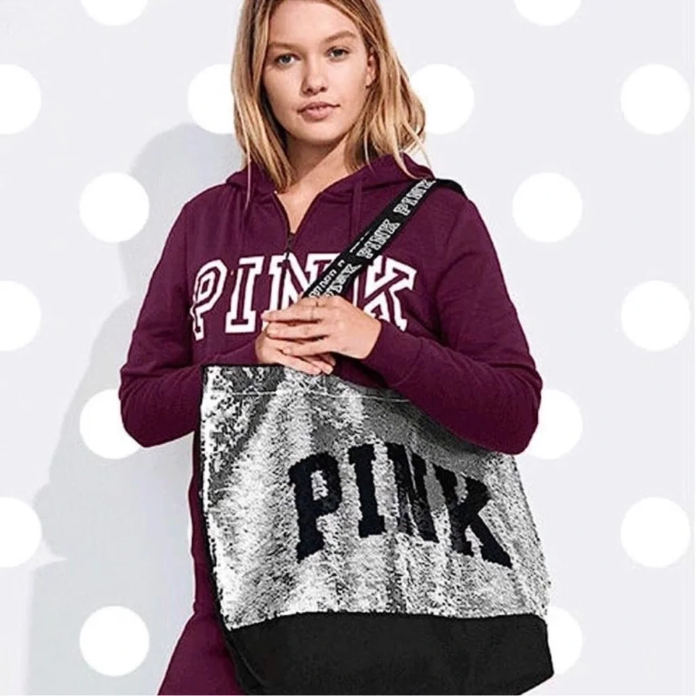 NWOT PINK By Victoria Secret Sequin Tote Bag Silver‎ Black Spellout straps - Picture 2 of 15